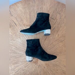 Betsey Johnson Black Suede Ankle Boots with Silver Heels and Pearl Accents